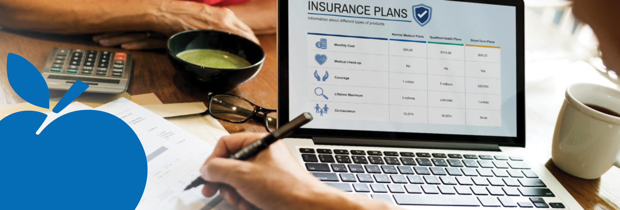 2025 Apple Bank Header Photos21 Close up of desk and laptop that shows insurance plan options